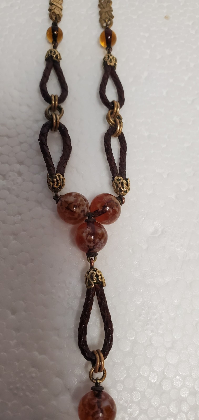 1920s ART DECO ~ LOUIS ROUSSELET Glass & Plaited Leather PENDANT Y NECKLACE