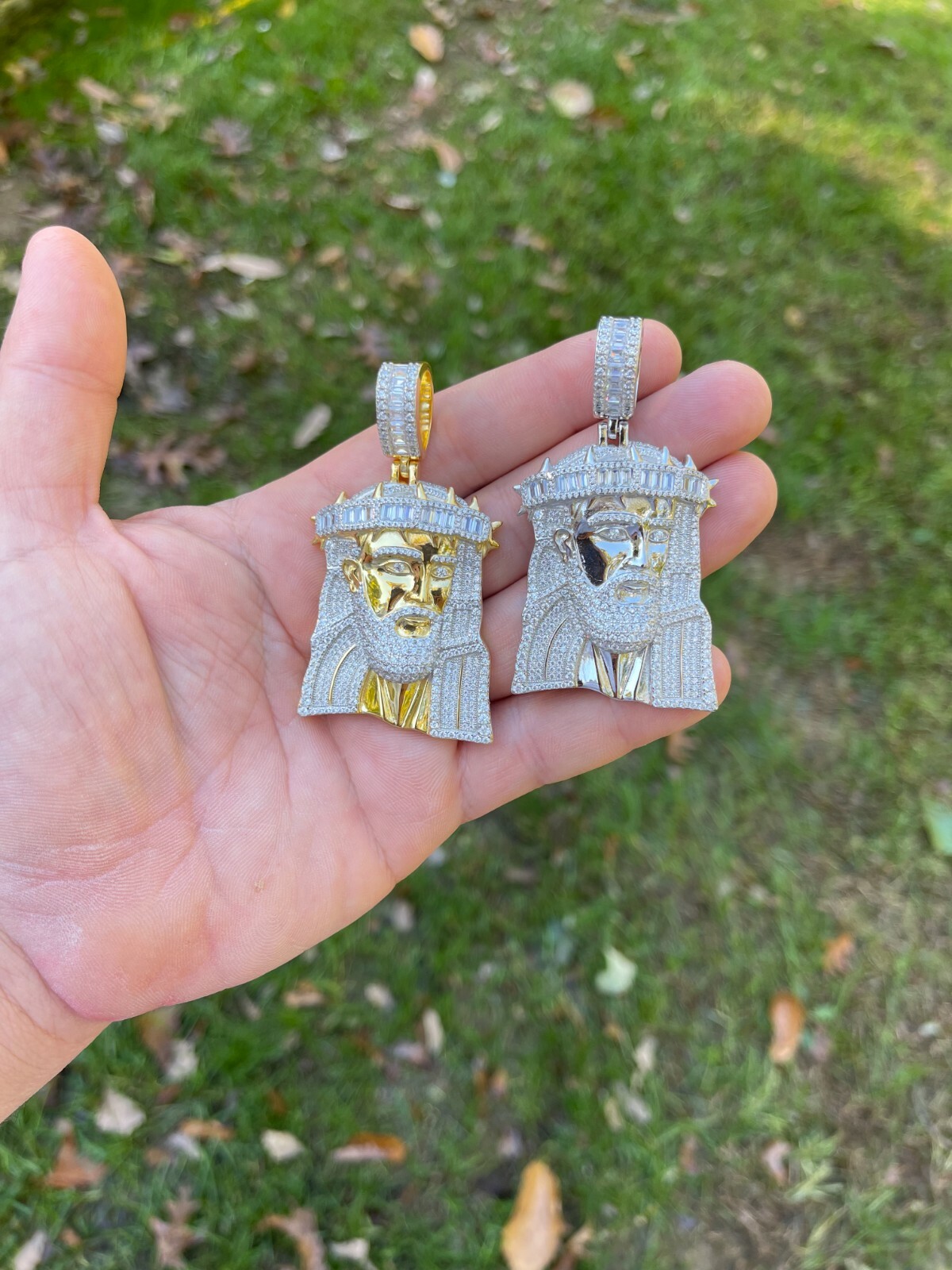 Men’s Large 925 Silver Gold Plated Jesus Piece Iced Hip Hop Necklace Baguette CZ