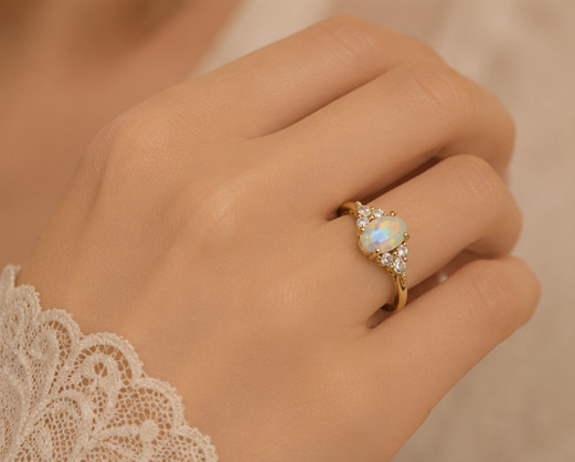 2.24 Ct Oval Cut Natural Opal Diamond Engagement Ring 14K Solid Yellow Gold