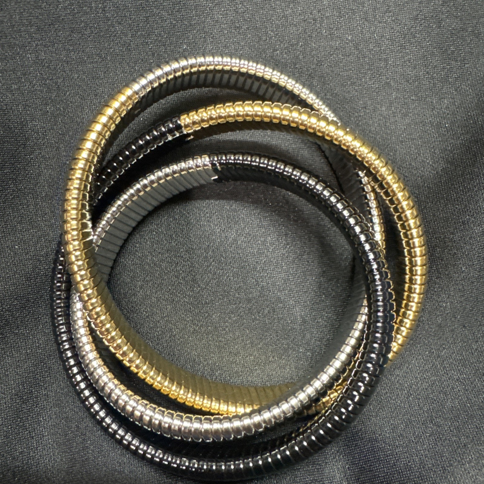 Tricolor Coil Bracelet Plated Gold Silver Black Tone Stretch Bangle (B1)