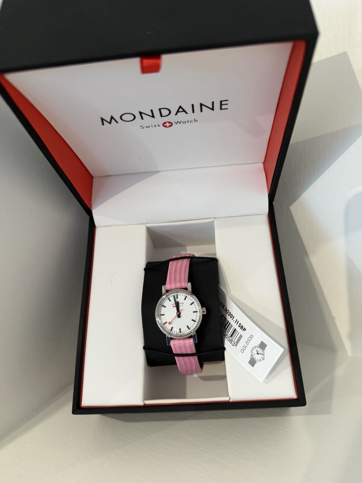 Mondaine Helvetica No1 38mm Quartz Watch White Dial Pink Leather. NEEDS BATTERY