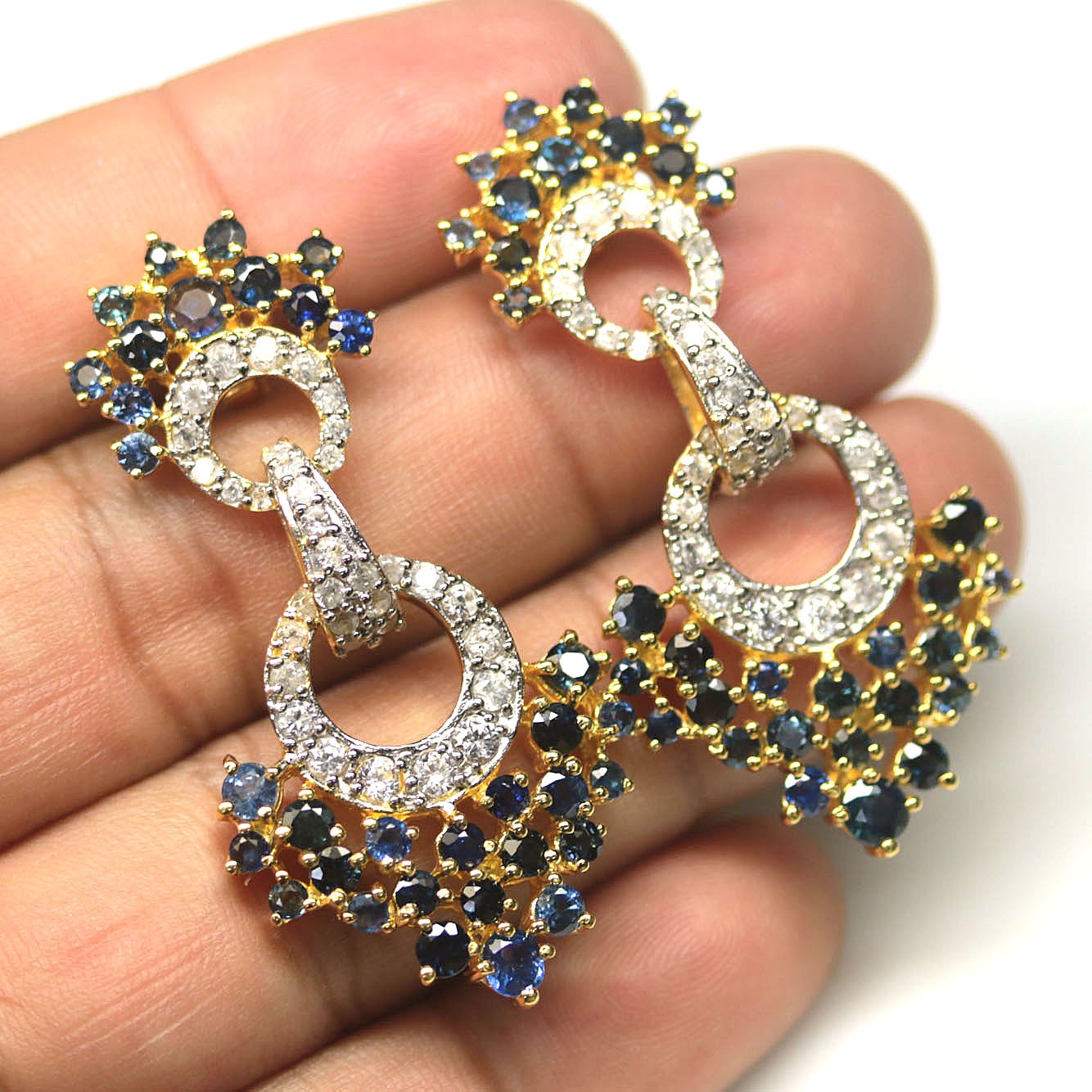 925 Sterling Silver Blue Sapphire & Zircon Jewelry Earrings