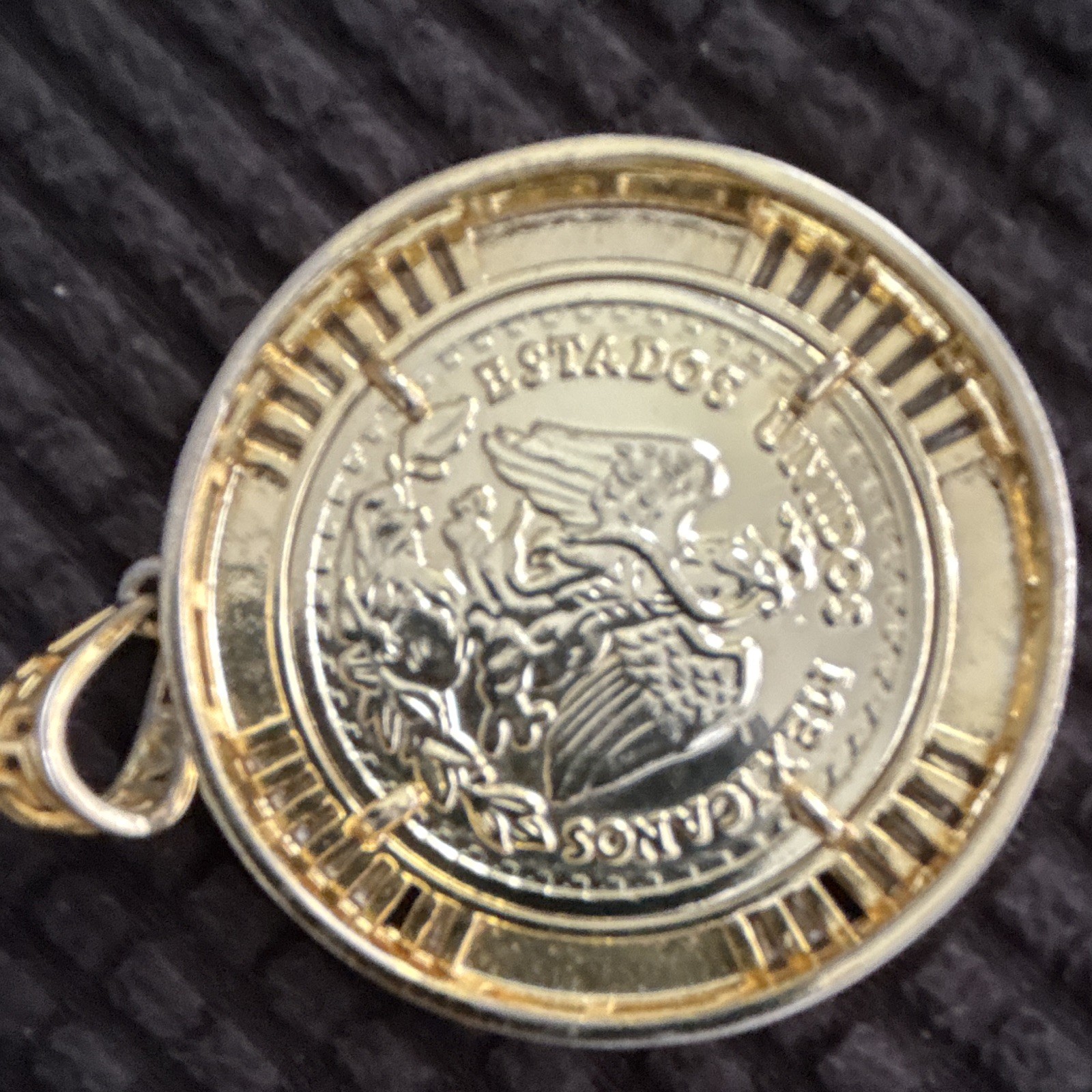 50 Pesos Coin Pendant Charm Round Gold Tone Two-Tone Greek Key Border Bail