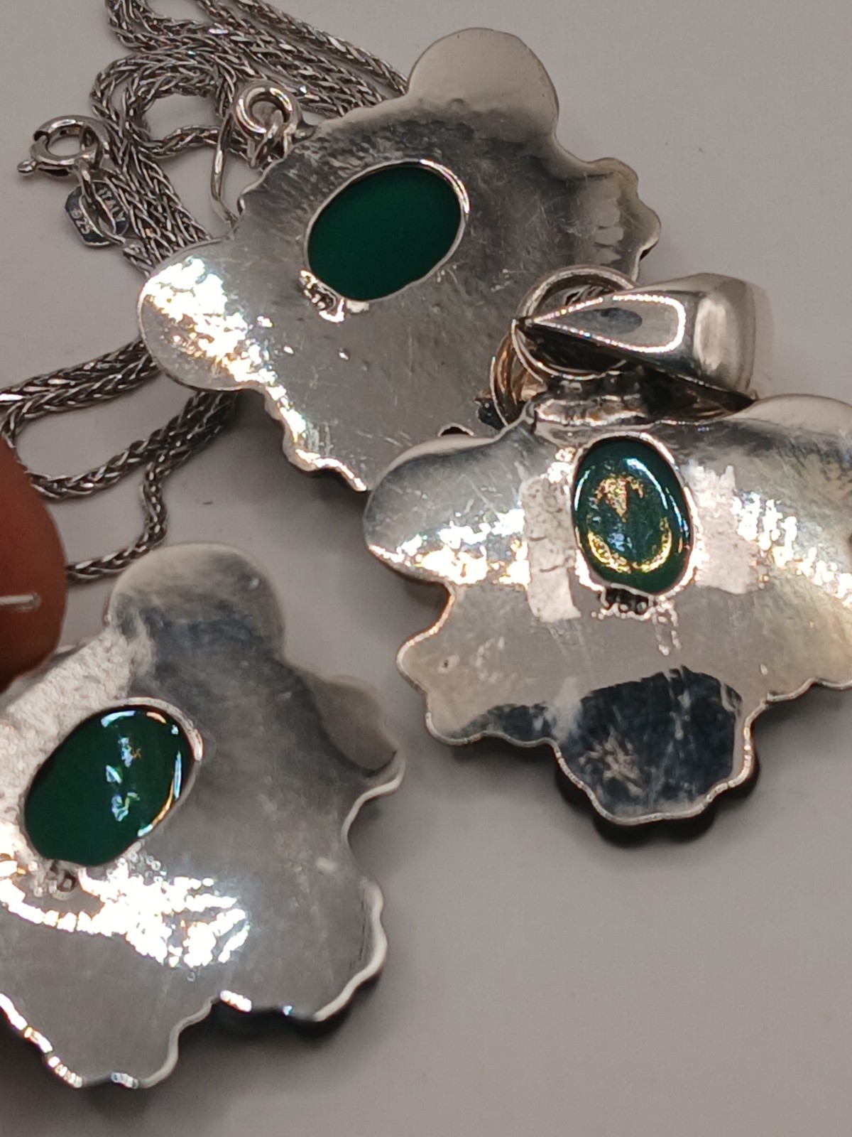 Sterling Silver 950 Green Chalcedony Floral Jewelry Set Necklace & Earrings