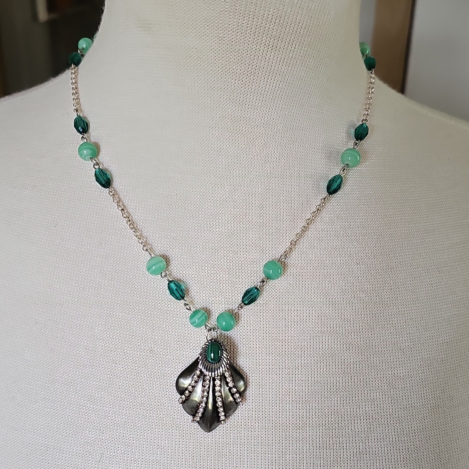 Assemblage Necklace Vintage Czech Glass Beads Malachite Cab Pendant Silver Tone