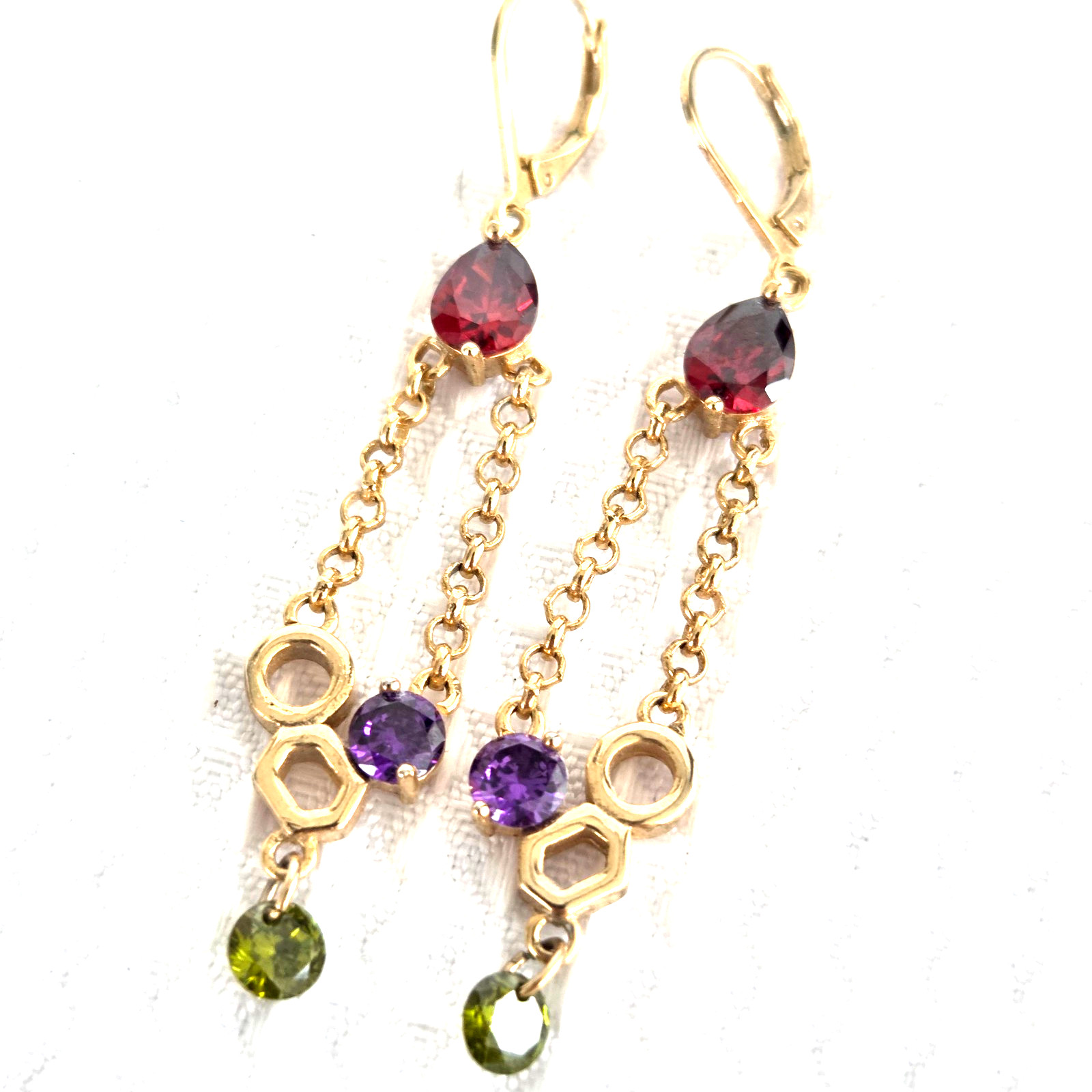 Golden Dangle Earrings Faux Gemstone Chain Green Purple Red Teardrop 2.5″