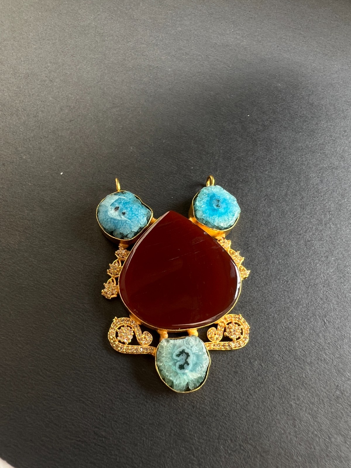 Designer Pendant Red Agate & Blue Druzy | Gold Plated Luxury Statement Jewelry