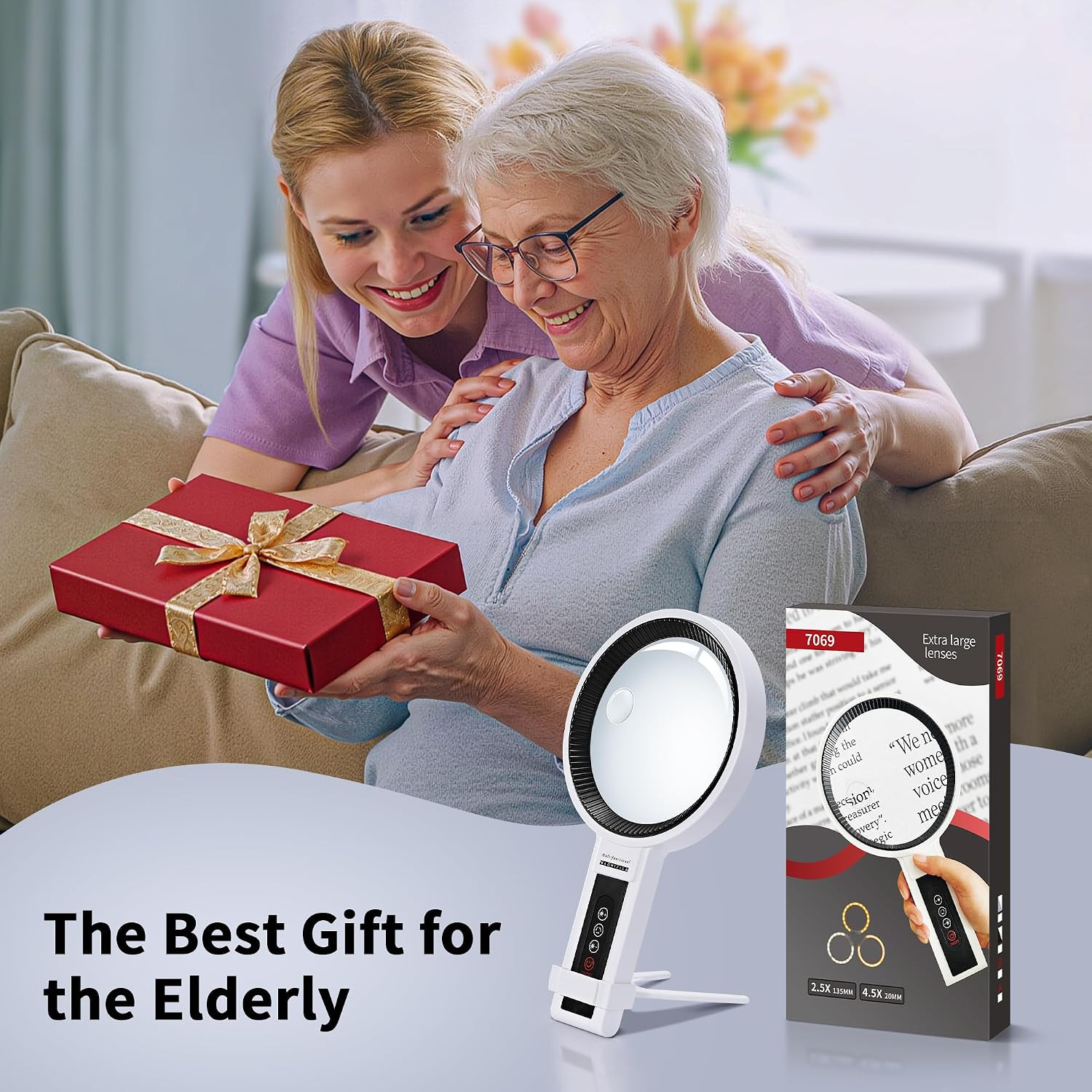 5.5-Inch Magnifying Glass with Light and Adjustable Stand for Seniors