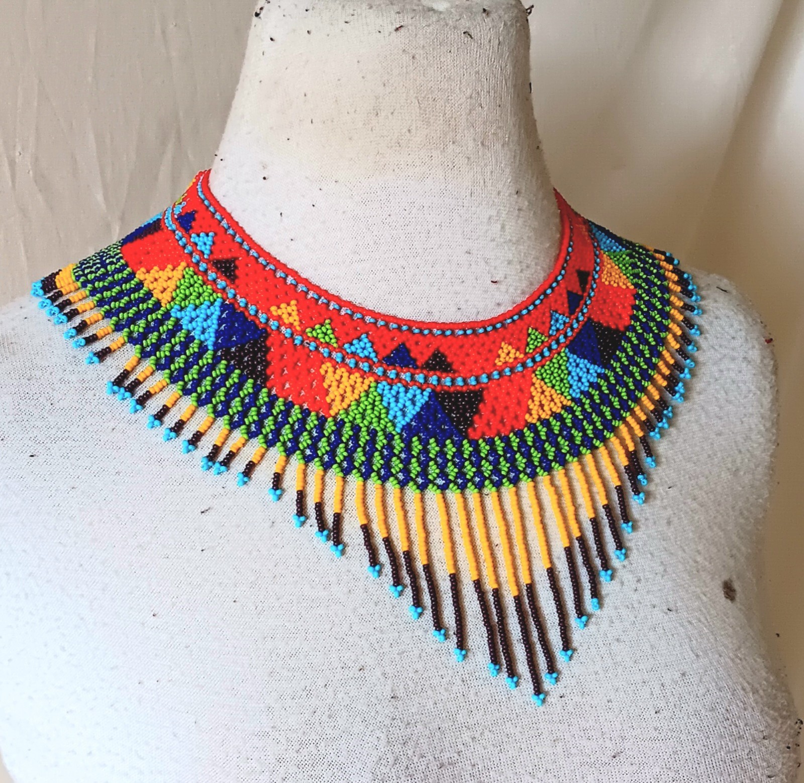 Multi-color Beaded Fringe Necklace Statement Collar Bib Jewelry Artisan Made