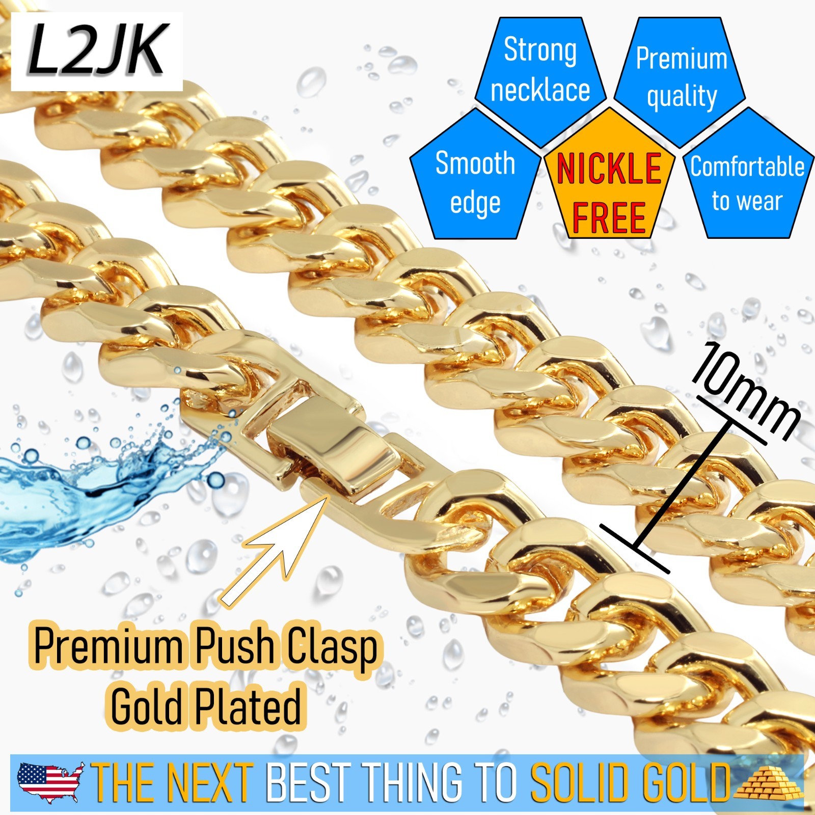 Solid Cuban Link Chain Necklace 10mm 30″In Men’s 14k Gold Plated Hip Hop Fashion