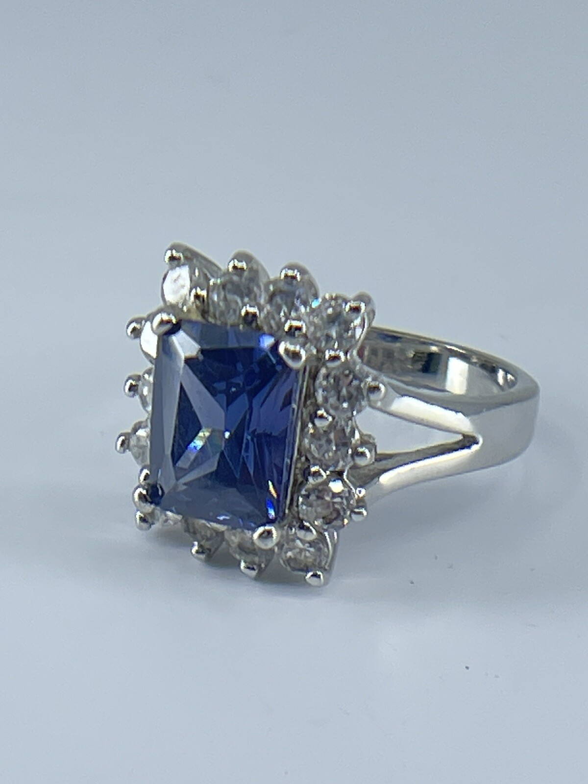 Ring ADI 925 sterling silver square blue amethyst small white rhinestones size 7