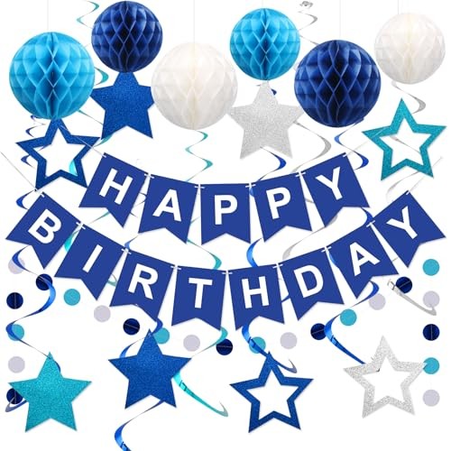 Birthday Decorations, Happy Birthday Banner with Honeycomb Balls, Stars Blue