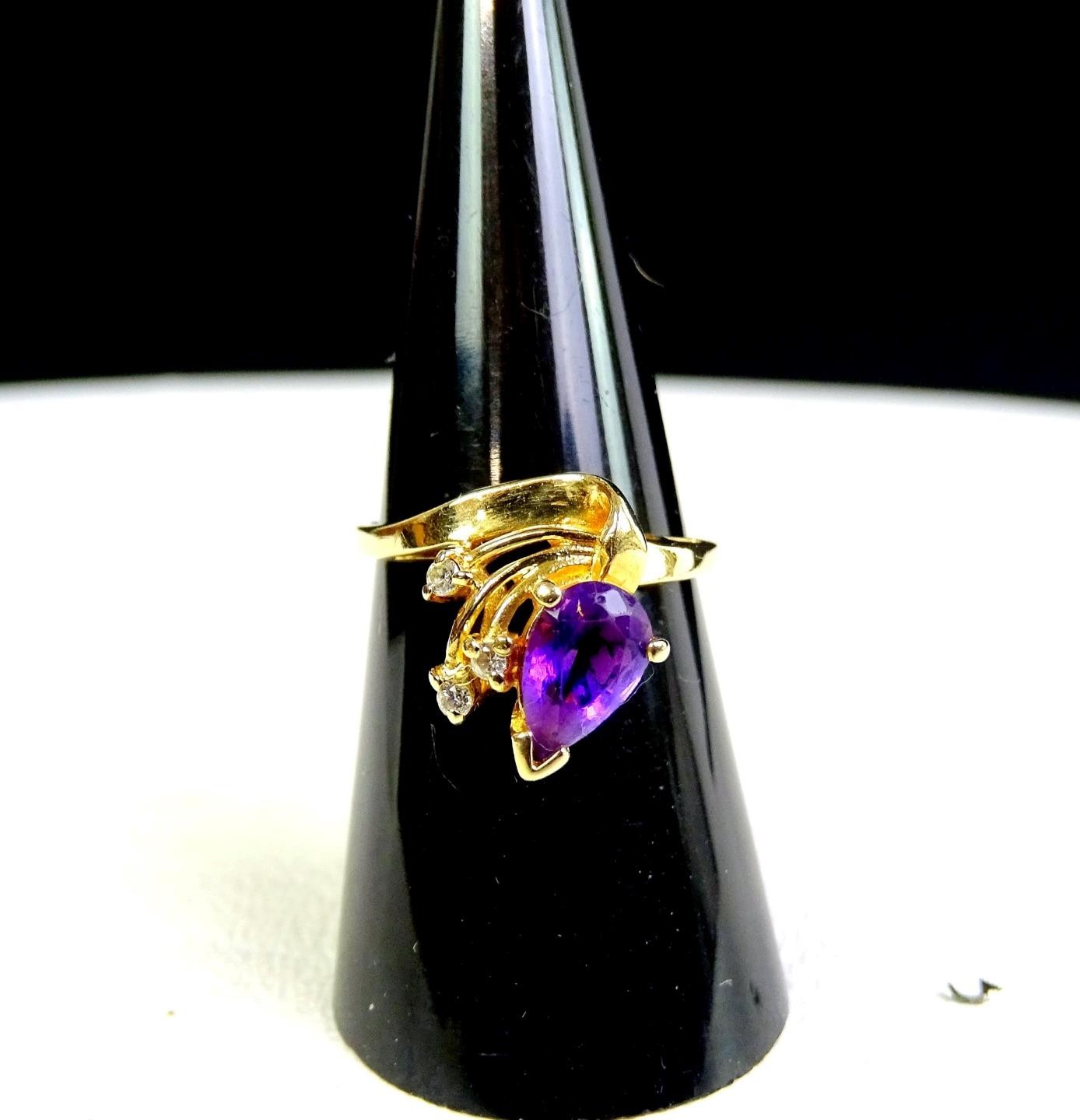 14K Yellow Solid Gold 3.2 Grams Size 6.5″ Pear Shape Amethyst Diamond Ring 1980