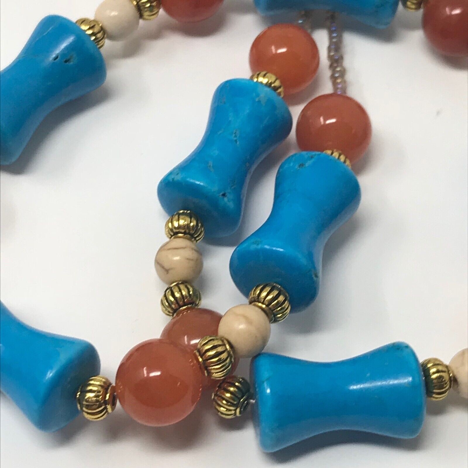 Handmade Necklace of Turquoise and Tan Magnesite and Round Orange Quartz Beads