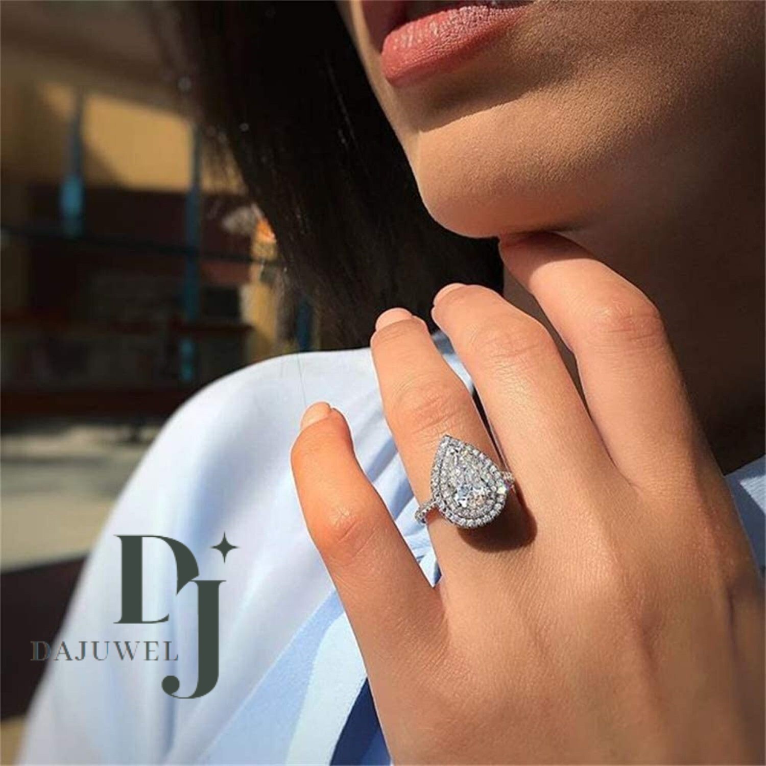 3 CT Pear Cut Moissanite Double Halo Engagement Ring Solid 14K White Gold VVS1