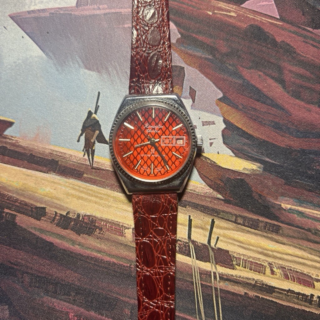 Remington Electra 23 Men’s Watch Orange/Red Dial Date with red Leather Strap