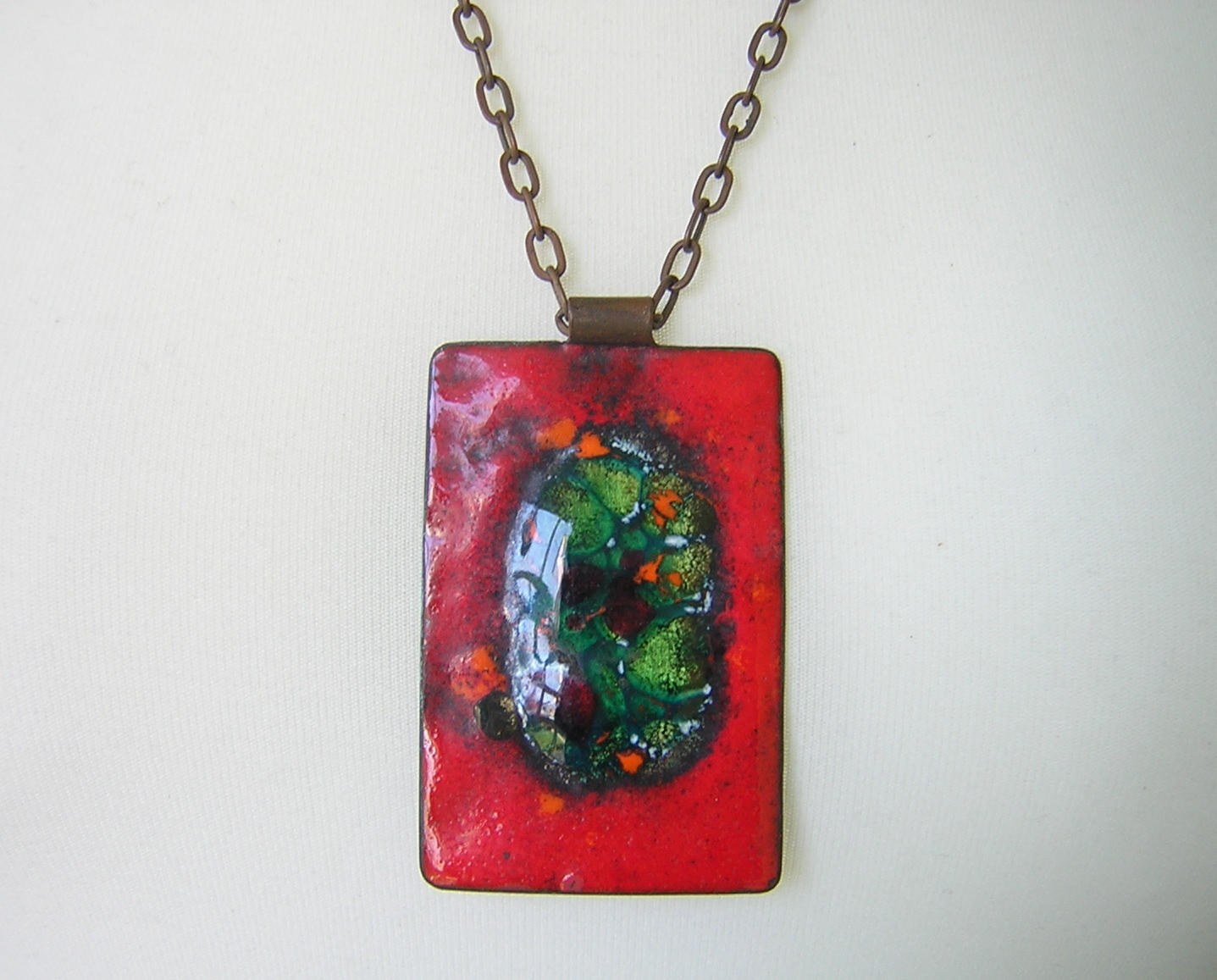Vintage Pendant Necklace Enamel Copper 6.6 X 4.0 Cm/61 Cm