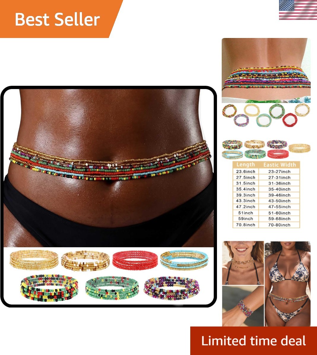 Colorful African Waist Beads – 7-Pack Adjustable Chains for Every Occasion