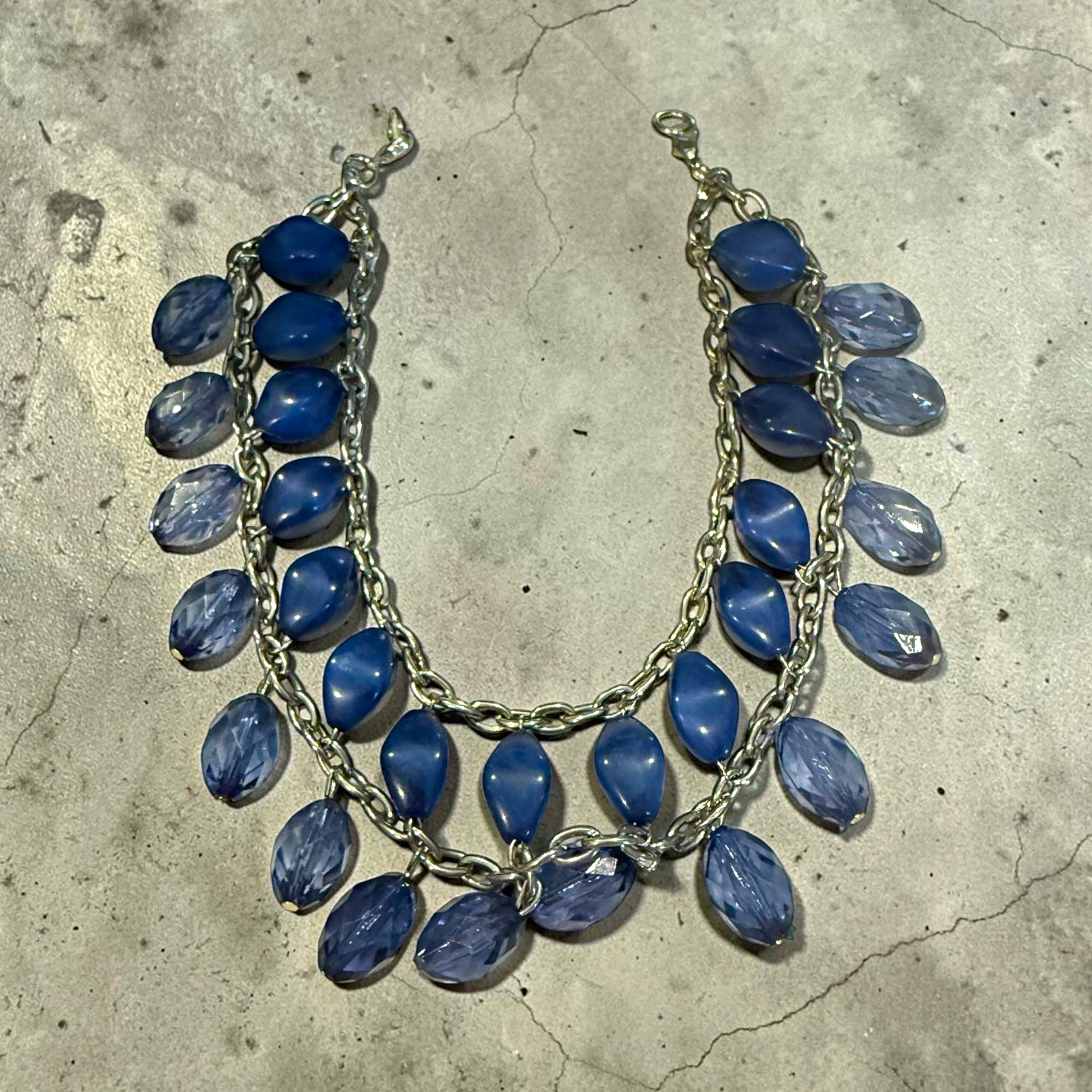 Blue Oval Bead Dangle Necklace, Silver Tone Metal Oval Link Chain, Lobster