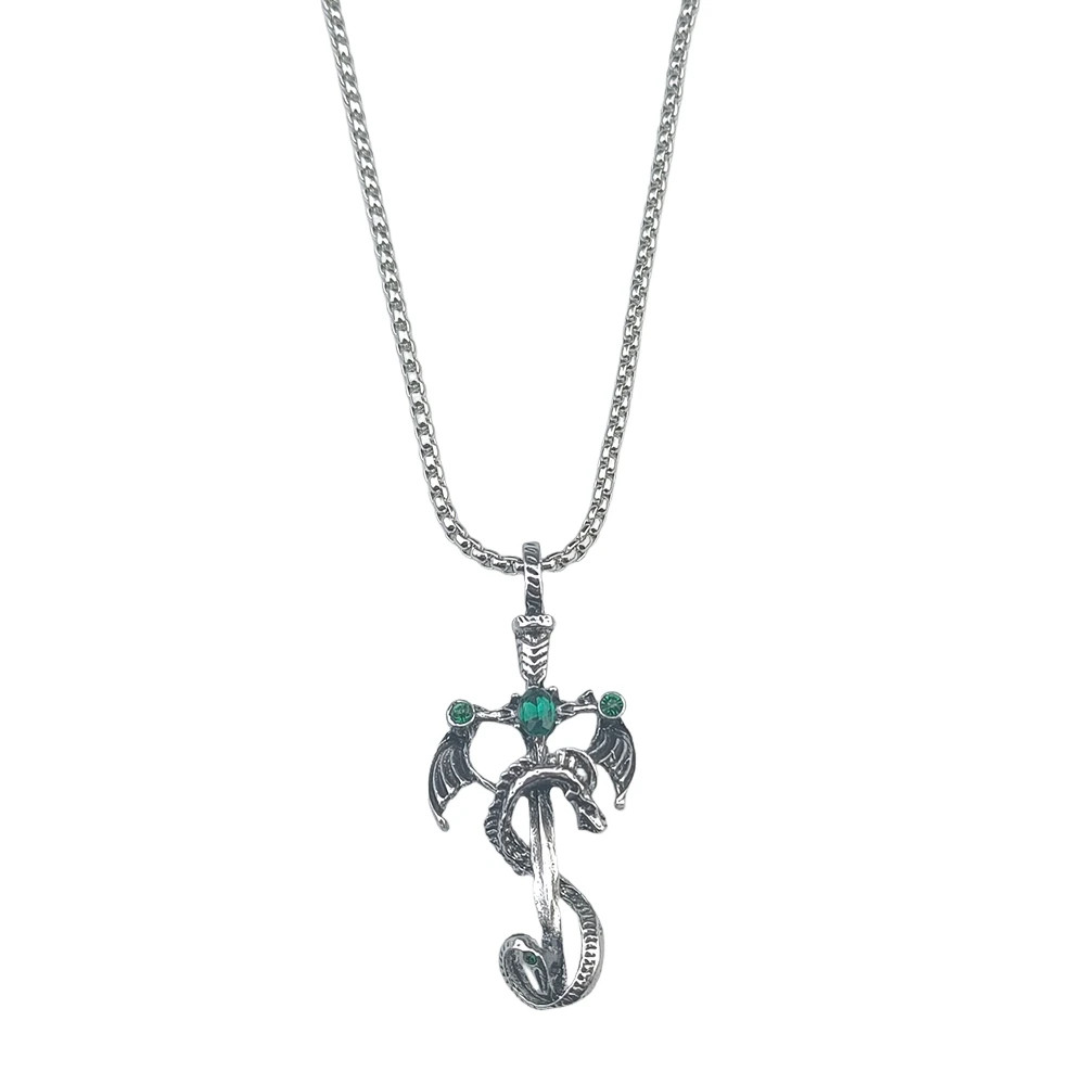 Vintage Imitation Gemstone Dragon Sword Pendant Necklace Accessories Stainless S