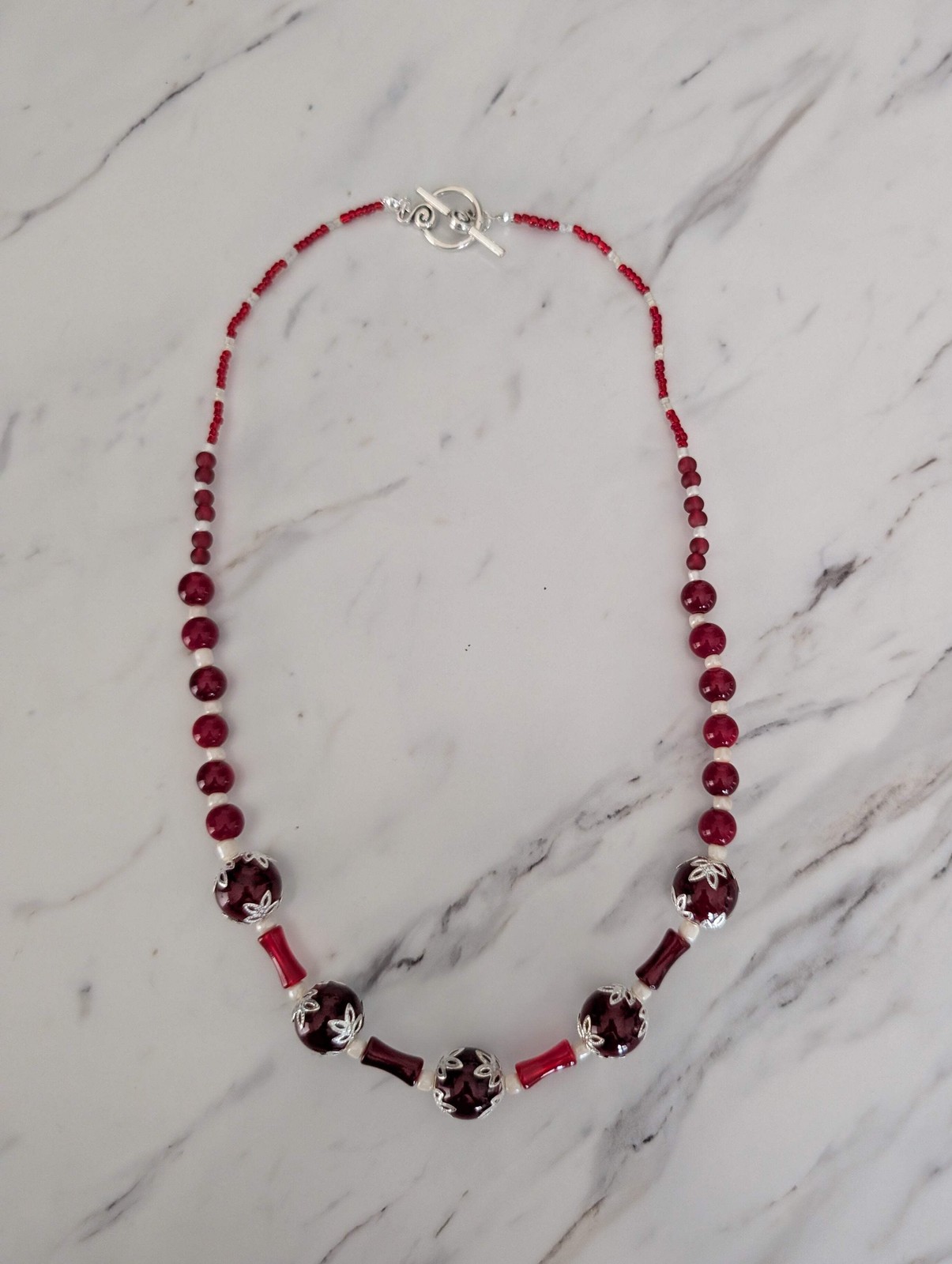 Burgundy Beaded Necklace for Women – 21.5″ Red Glass & Bamboo Tube Statement Nec