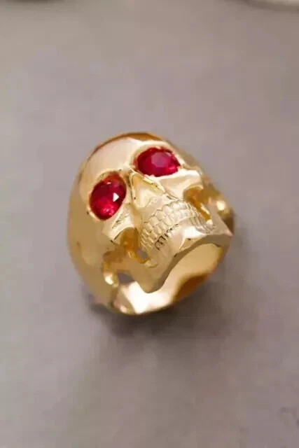 2 Ct Round Simulated Ruby Halloween Skull Band Ring 925 Yellow Sterling Silver