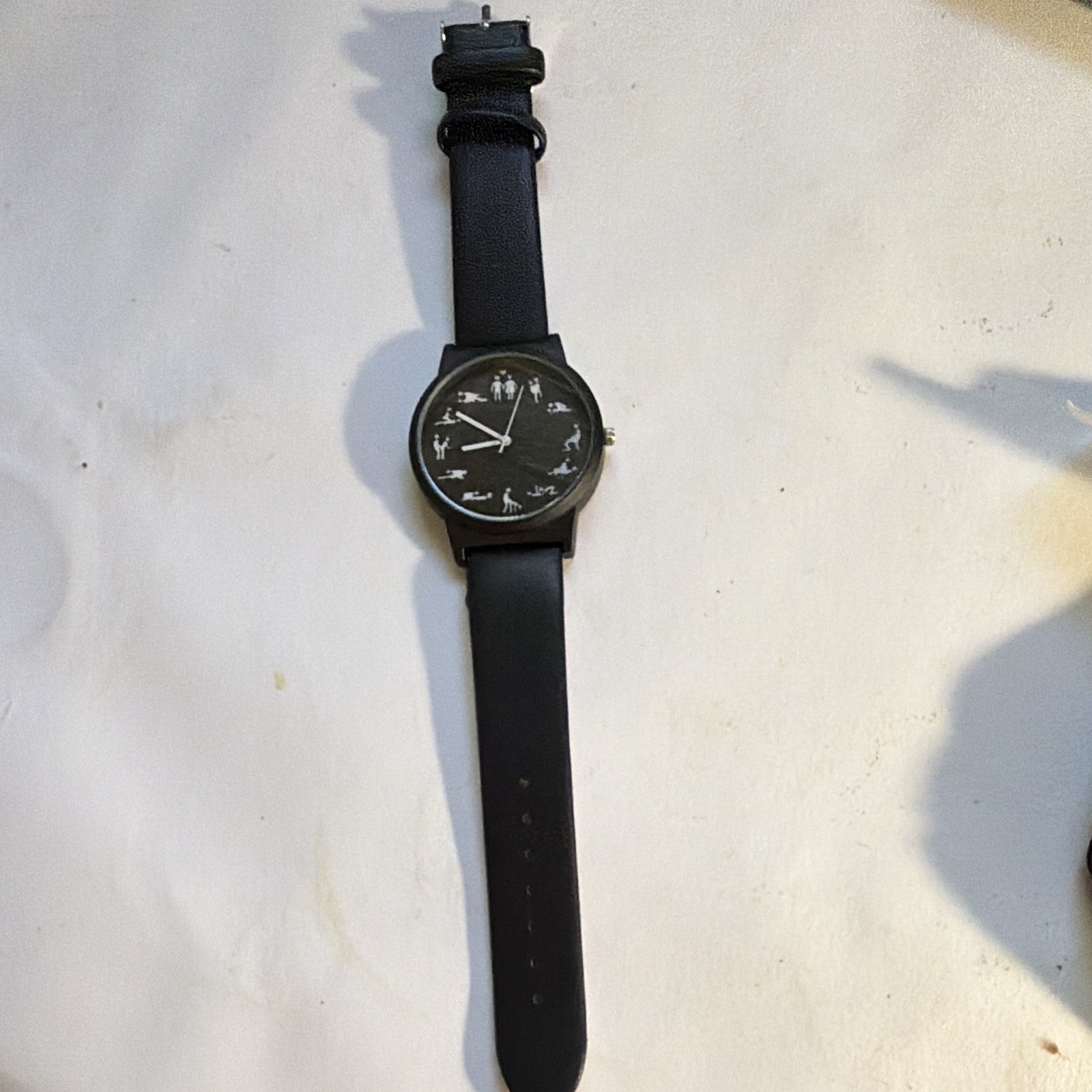 Black Analog Stick Figures Dial Watch 12-Hour Black Case Black Leather Strap