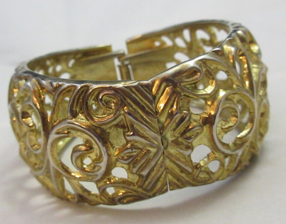 Vintage Open Work 1 1/4 Inch Wide Hinged Cuff Clamper Bracelet Gold Tone As Is