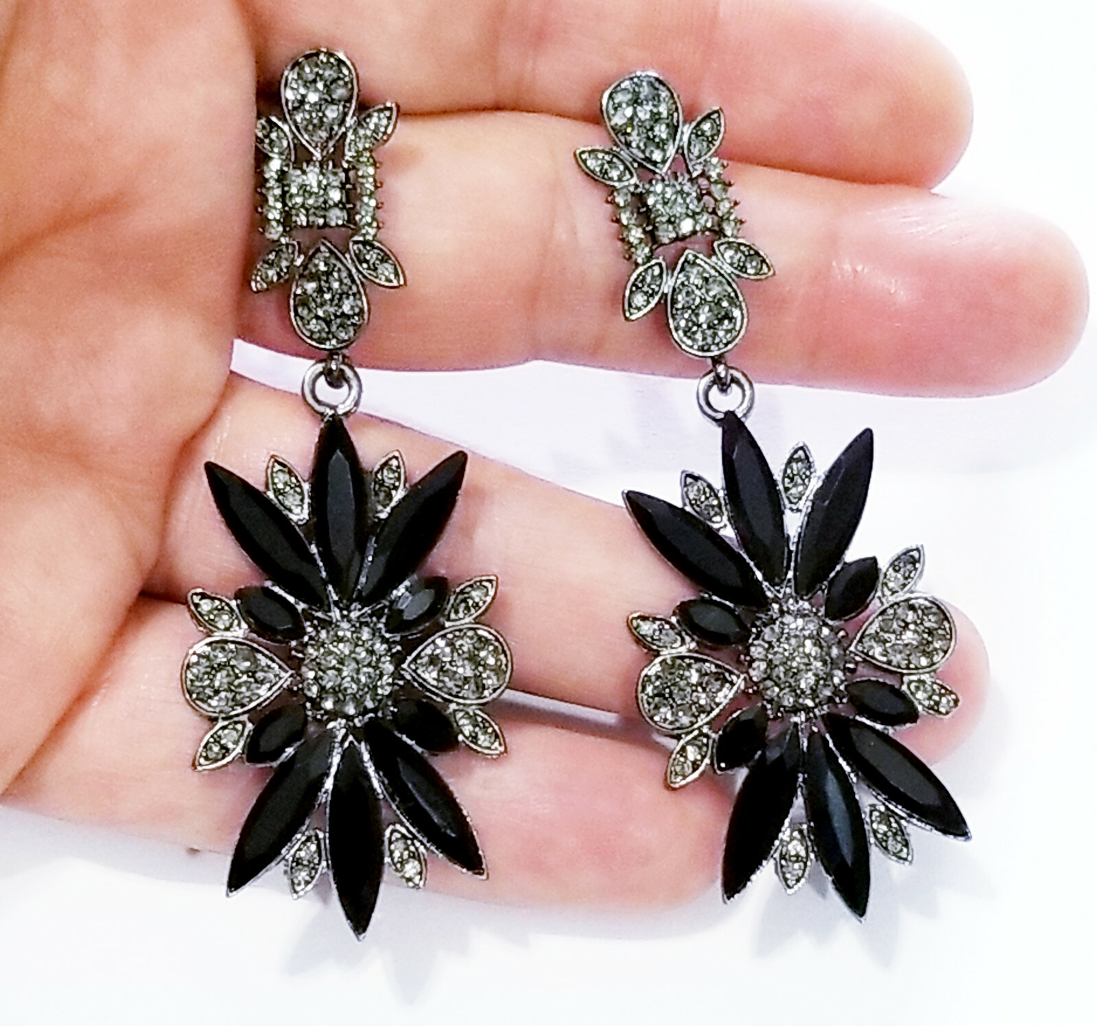Rhinestone Chandelier Drop Earrings Steampunk Prom Pageant Jewelry 2.8 in Black