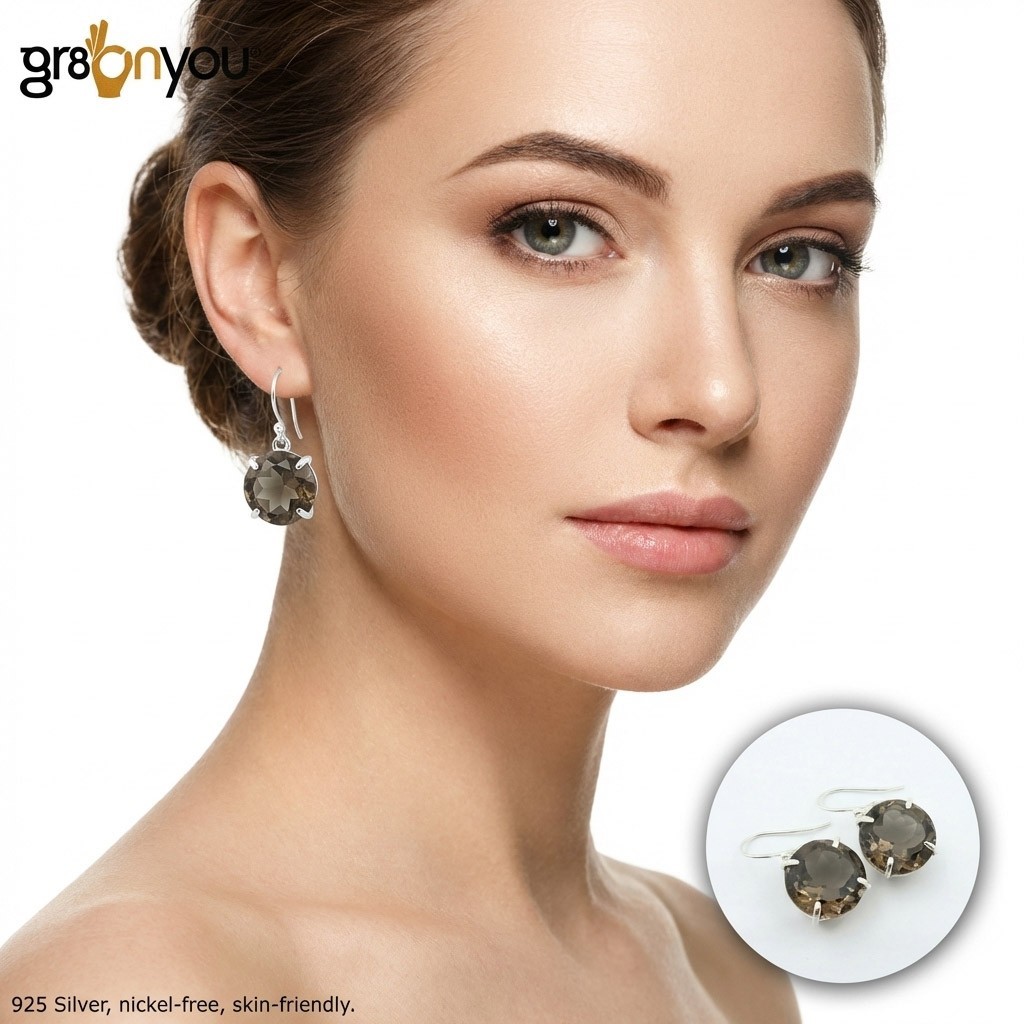 gr8onyou Genuine Brown Round SMOKY QUARTZ Earrings Hallmarked Silver Premium