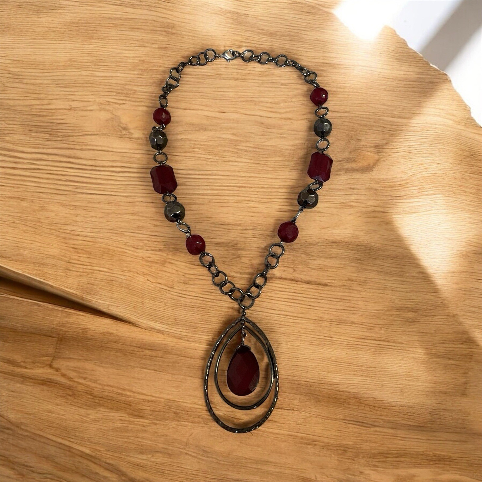 Artsy Necklace Burgundy Beaded Teardrop Statement Bohemian Gypsy Whimsical 20″