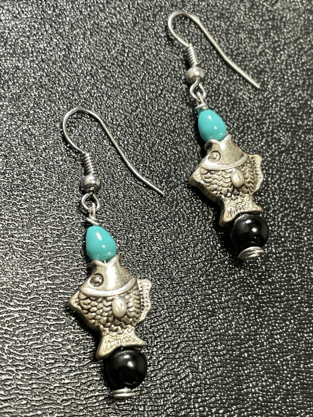 Vintage 1.8” Fish Blue & Black Glass Beaded Dangle Hook Earrings
