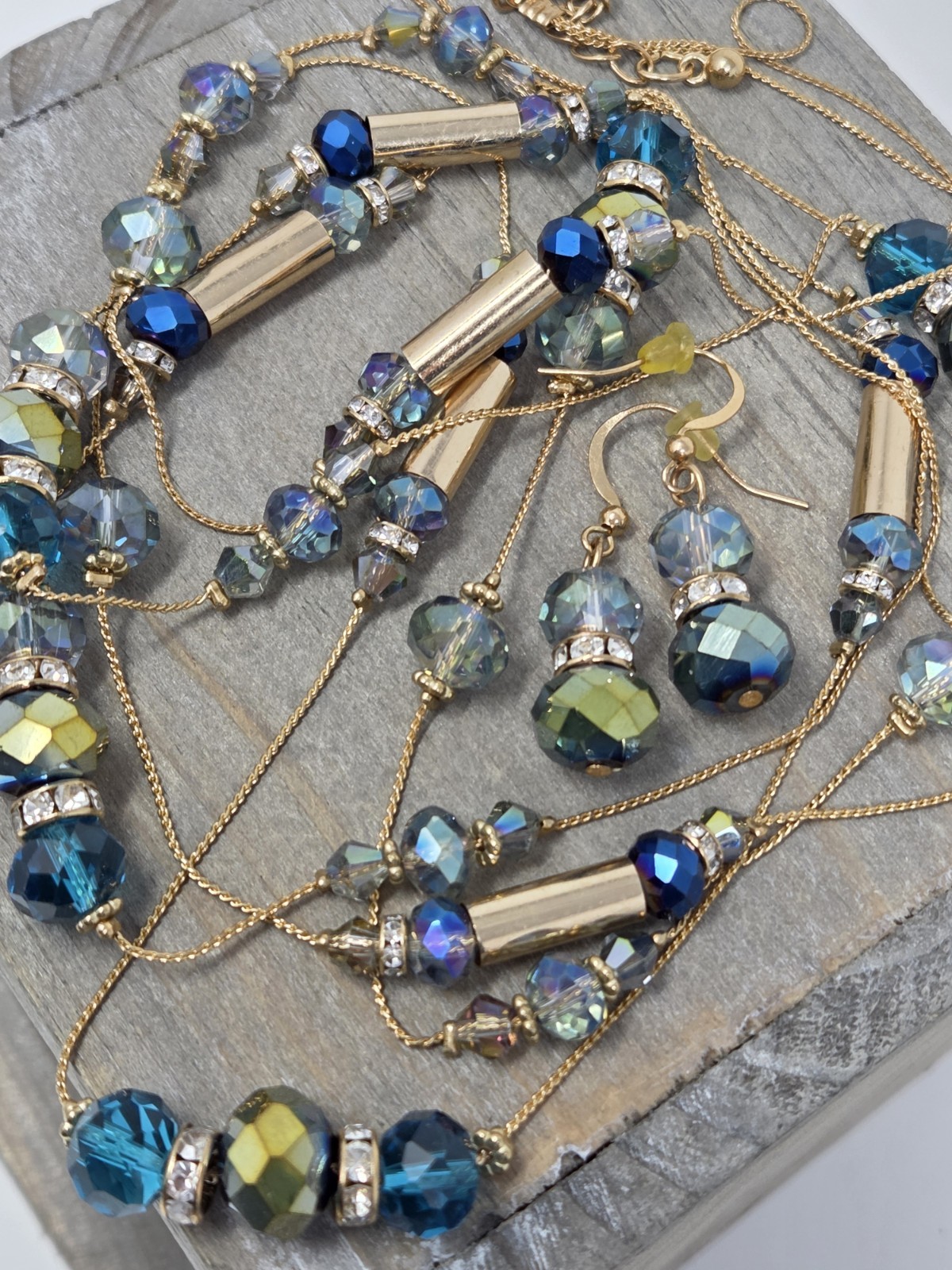 Gold Tone Iridescent Gray & Teal Crystal Long Station Necklace & Earrings Set