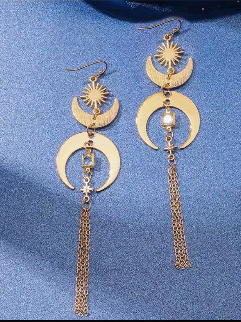 New Bohemian Gold Celestial Moon & Star Drop Earrings with Moonstone Accent