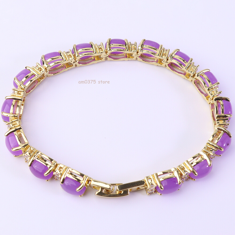 Yellow Gold Plated Alloy Purple Jadeite Zirconic Jade Women’s Bracelet 7.1inchL