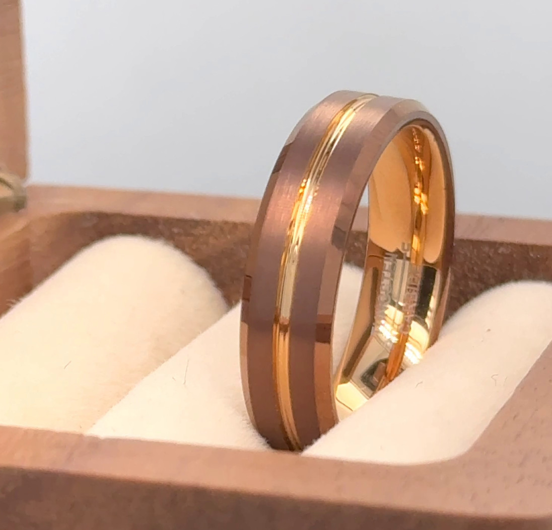 Brown & Rose Gold Tungsten Wedding Band – Grooved Stylish Women’s Gift Ring