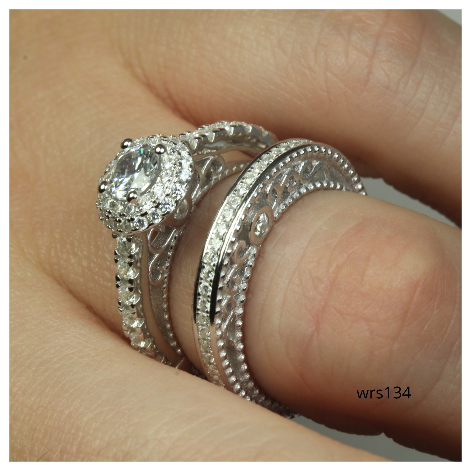 Halo Filigree Round Cut 1.2c Sterling Silver 925 Engagement CZ Wedding Ring Set
