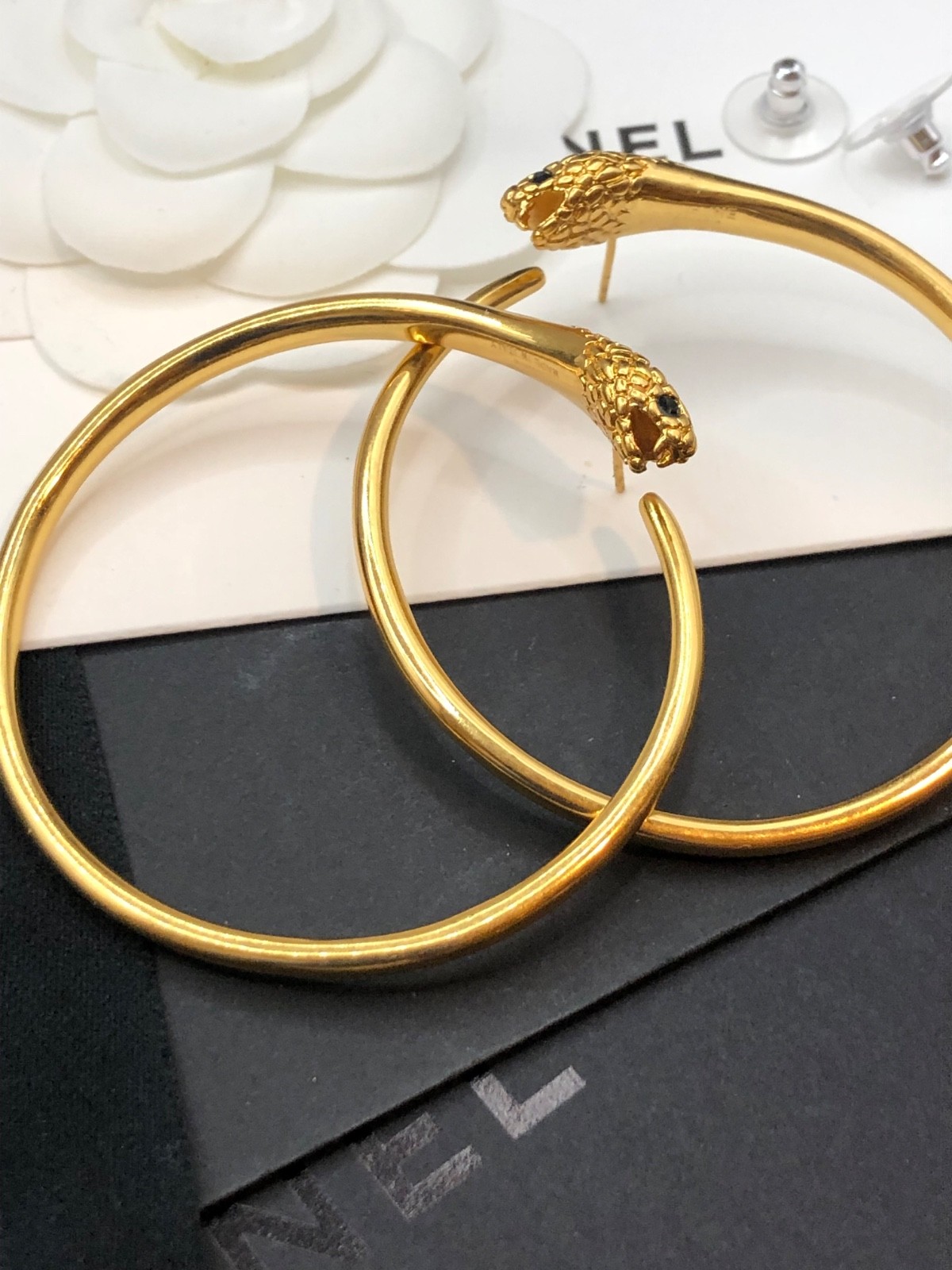 Céline Phoebe Philo Serpent Hoop Earrings • Gold Plated • Signed • Rare • 2.3 In