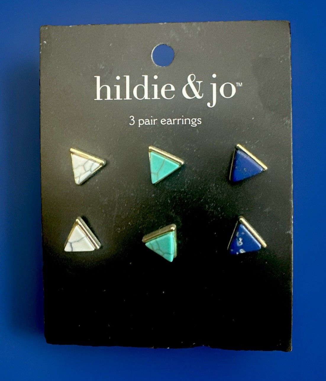 New Hildie & Jo Triangular Shaped 3 Pair Pierced Earrings White, Blue, Turquoise