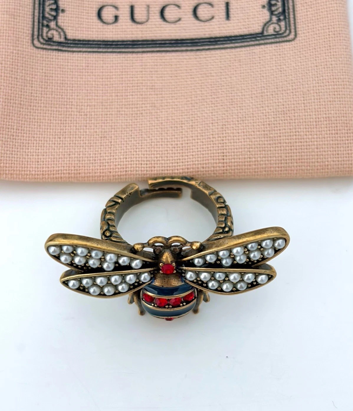 Vintage Gucci Bee Crystal Faux Pearl Adjustable Ring Gold Tone Italy US7.5