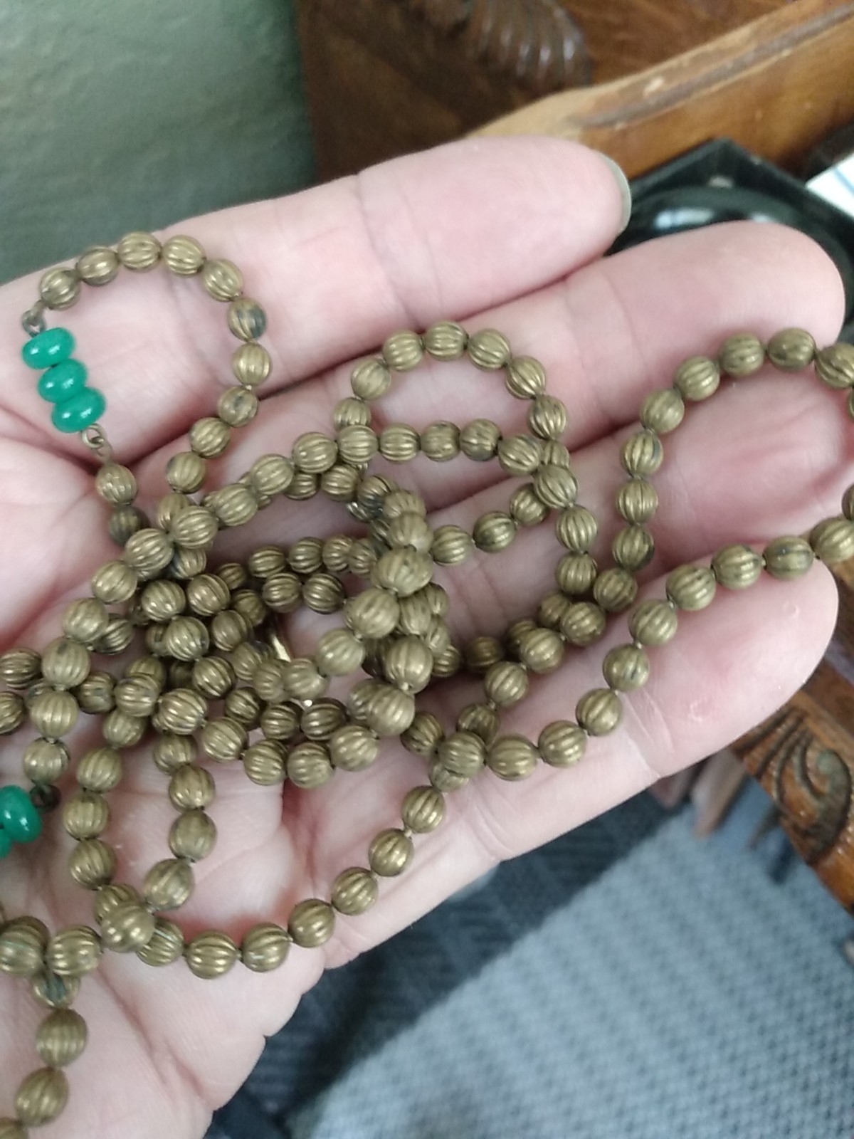 Antique Sink Chain Style Brass Ball Necklace 38” Long With Green Czech Glass