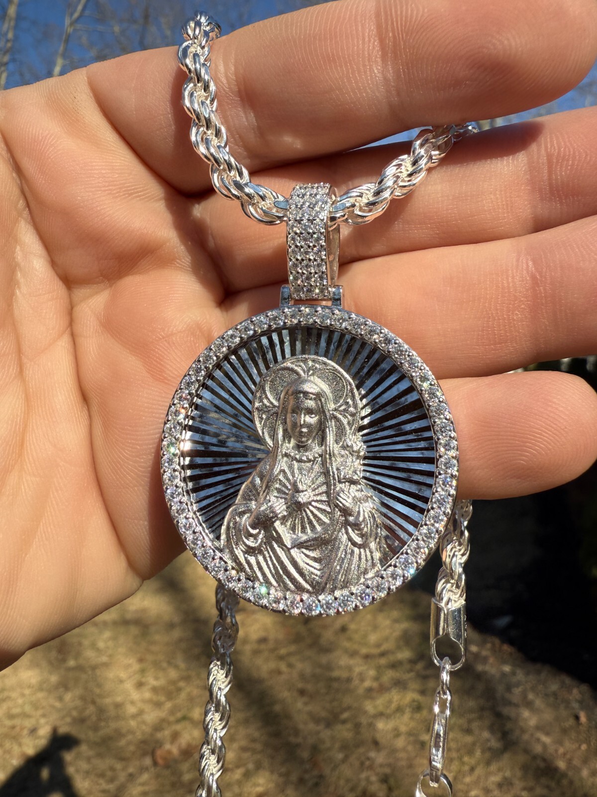 MOISSANITE Virgin Mary Round Medallion Pendant Real 925 Silver / Gold Necklace