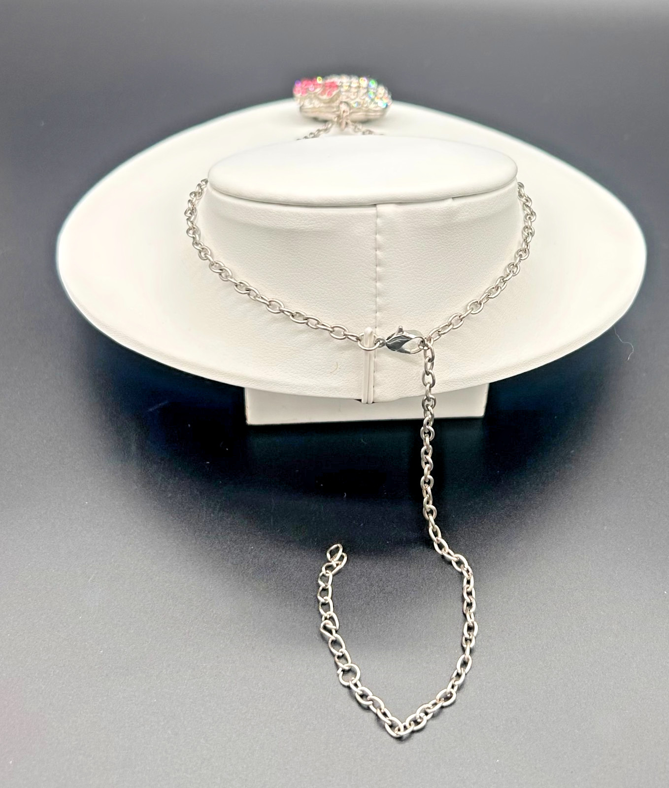 Kitty Cat Pendant Pink Clear Crystal Iced Out Bling Pave Necklace Silver Tone