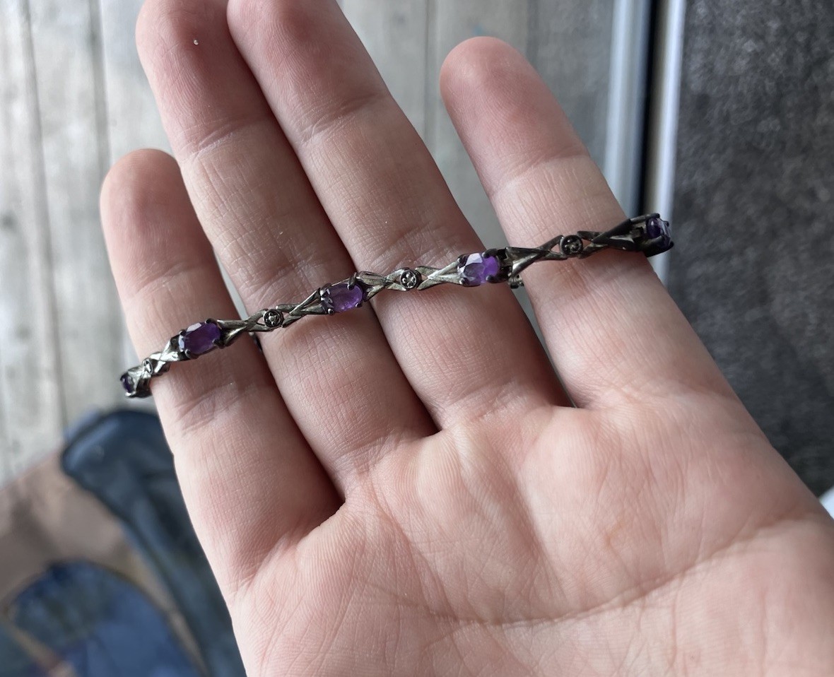 Vintage Silver Tennis Chain Bracelet Bar Link Amethyst Baguette Box Clasp