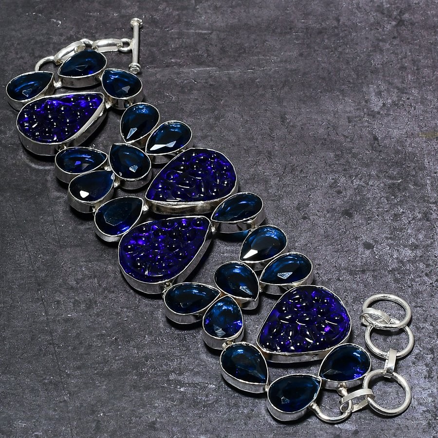 Blue Moldavite Quartz, Iolite Gemstone 925 Sterling Silver Bracelet 7-8″ O056