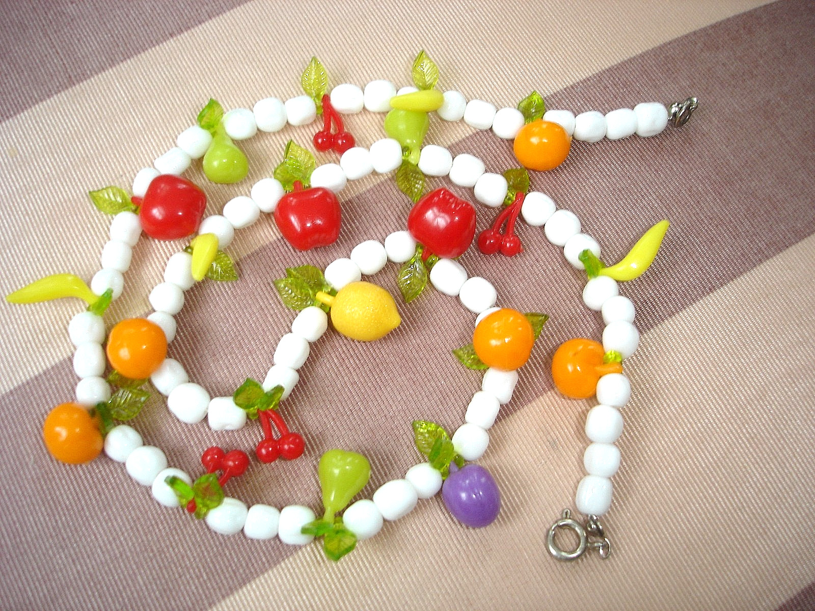 Vintage Plastic FRUIT White Glass Bead Necklace-Apple Banana Orange Pear Cherry