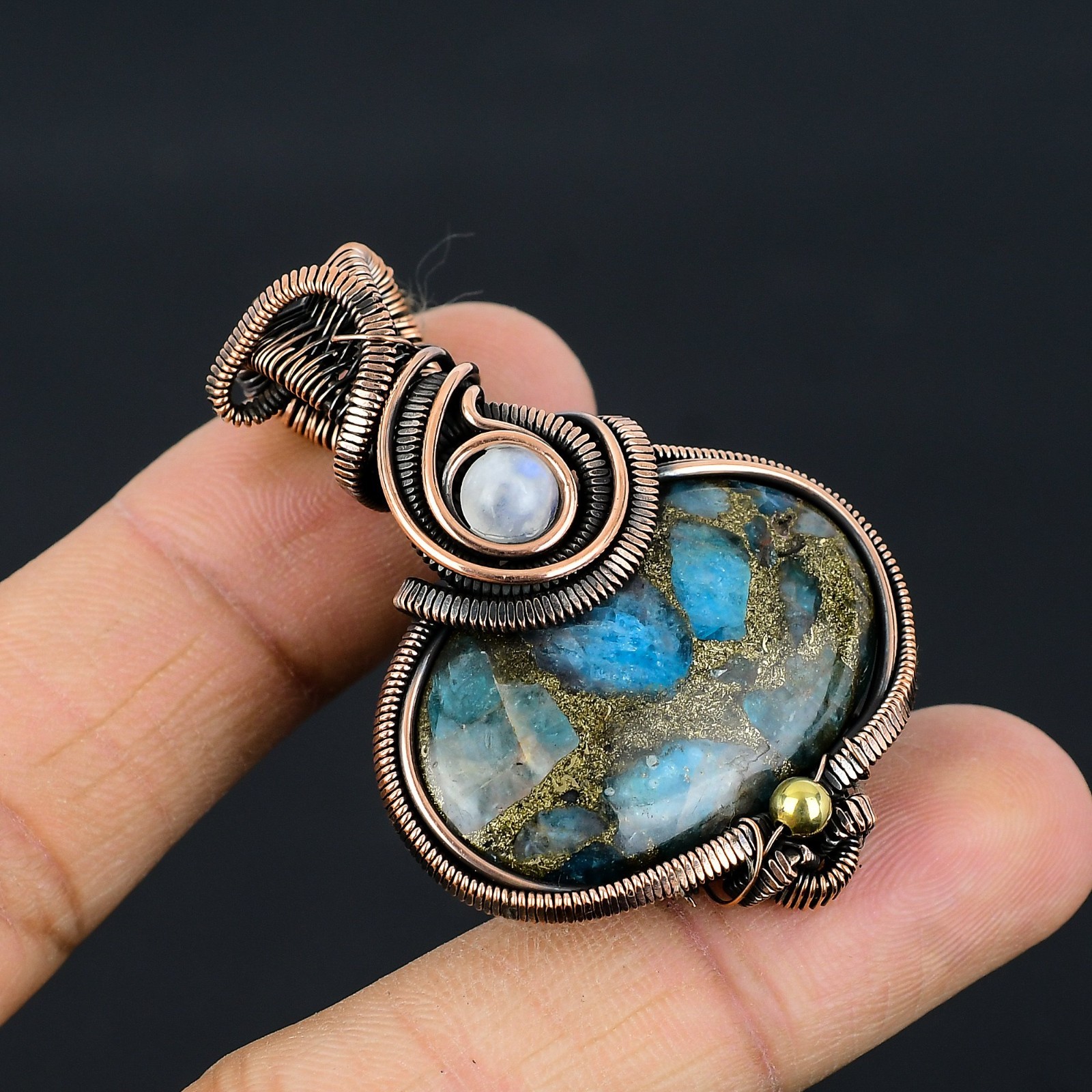 Copper Neon Apatite Handmade Gemstones Copper Wire Wrapped Moonstone Pendant