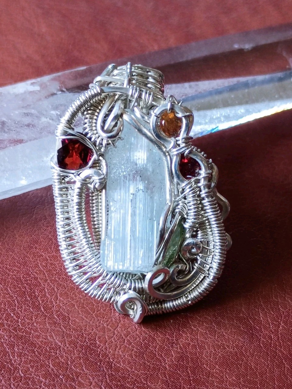 Handcrafted Wire Wrapped Aquamarine Crystal Sterling Silver Amulet Pendant