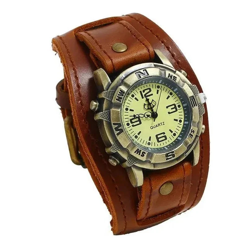 Vintage Retro Leather Cuff Bracelet Wide Band Steampunk Mens Quartz Wrist Watch