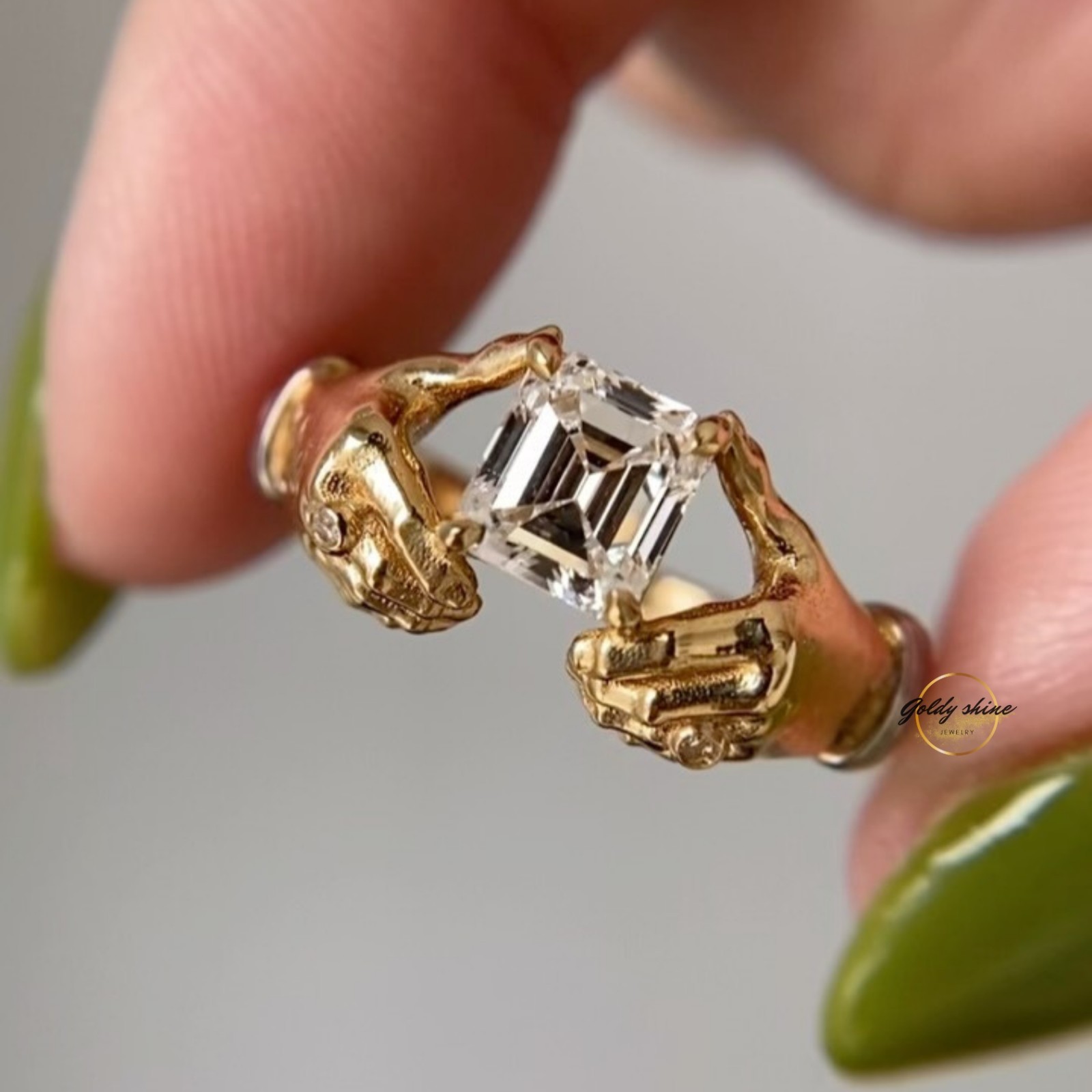 1 Ct Asscher Cut Moissanite Grasping Hands Artistic Ring 14K Yellow gold plated